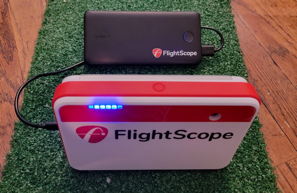 Old Duffer Golf image of a FlightScope Mevo+ and battery pack
