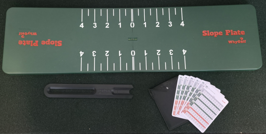 Old Duffer Golf image of the WhyGolf slope plate, green cards and stimp meter