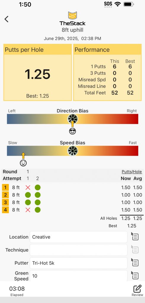 Old Duffer Golf image of a summary screen for stack putting